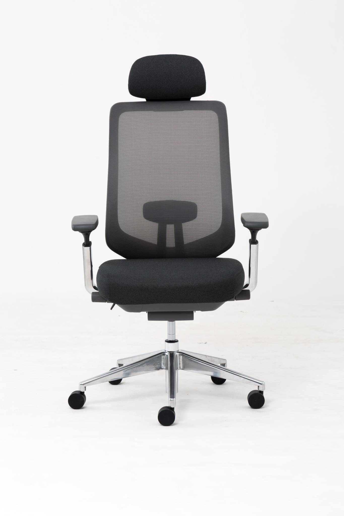 Modernform เก้าอี้สำนักงาน รุ่น Series16 Premium พนักพิงสูง เท้าแขนปรับ 4D เบาะหุ้มผ้าสีดำ พนักพิงตาข่ายเทา ขาอลูมิเนียม