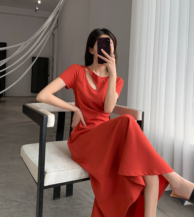 IELGY Đầm Màu Trơn Eo Cá Tính Phong Cách Pháp Cho Nữ