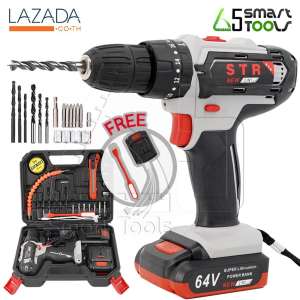 STR สว่านไร้สาย สว่านกระแทก สว่านแบต ไร้สาย 3 ระบบ 64V รุ่นใหม่ 2 IN 1 พาวเวอร์แบงค์แบตเตอรี่ ชารจ์โทรศัพท์ได้ แถมฟรี! สายชาร์จ 1 ออก 4 และไฟ LED ขนาดพกพา พร้อมอุปกรณ์ช่างครบชุด