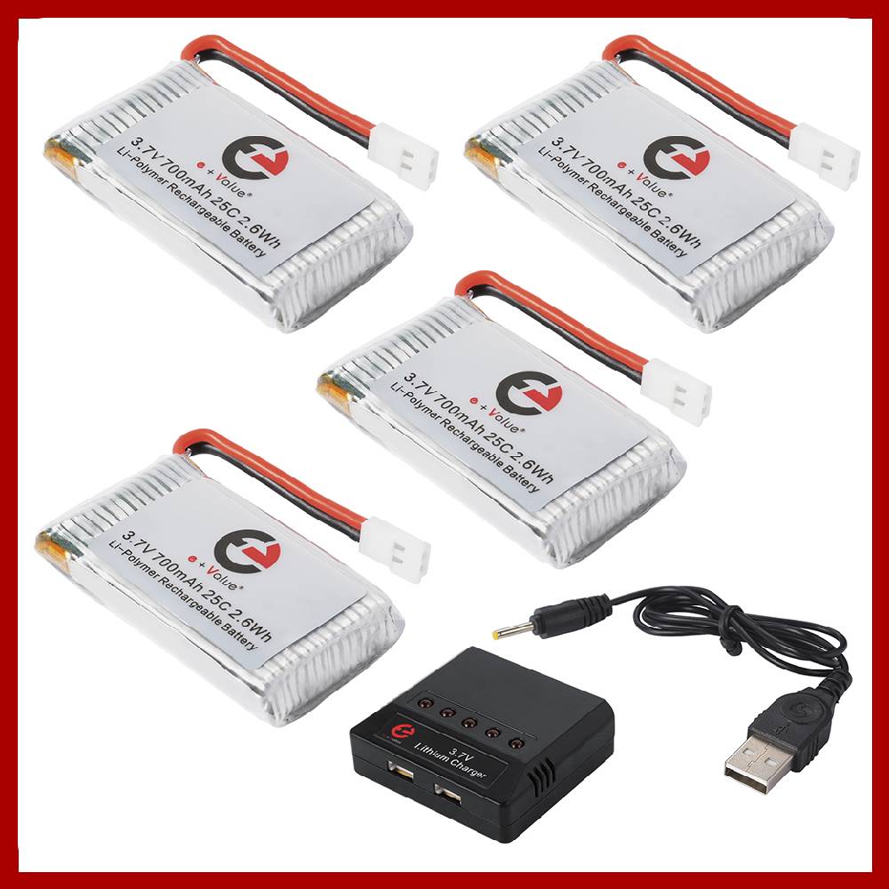 e+Value 4 in 1 Charger + 4x 3.7V 700mAh Lipo Battery for Syma X5C X5A F5C