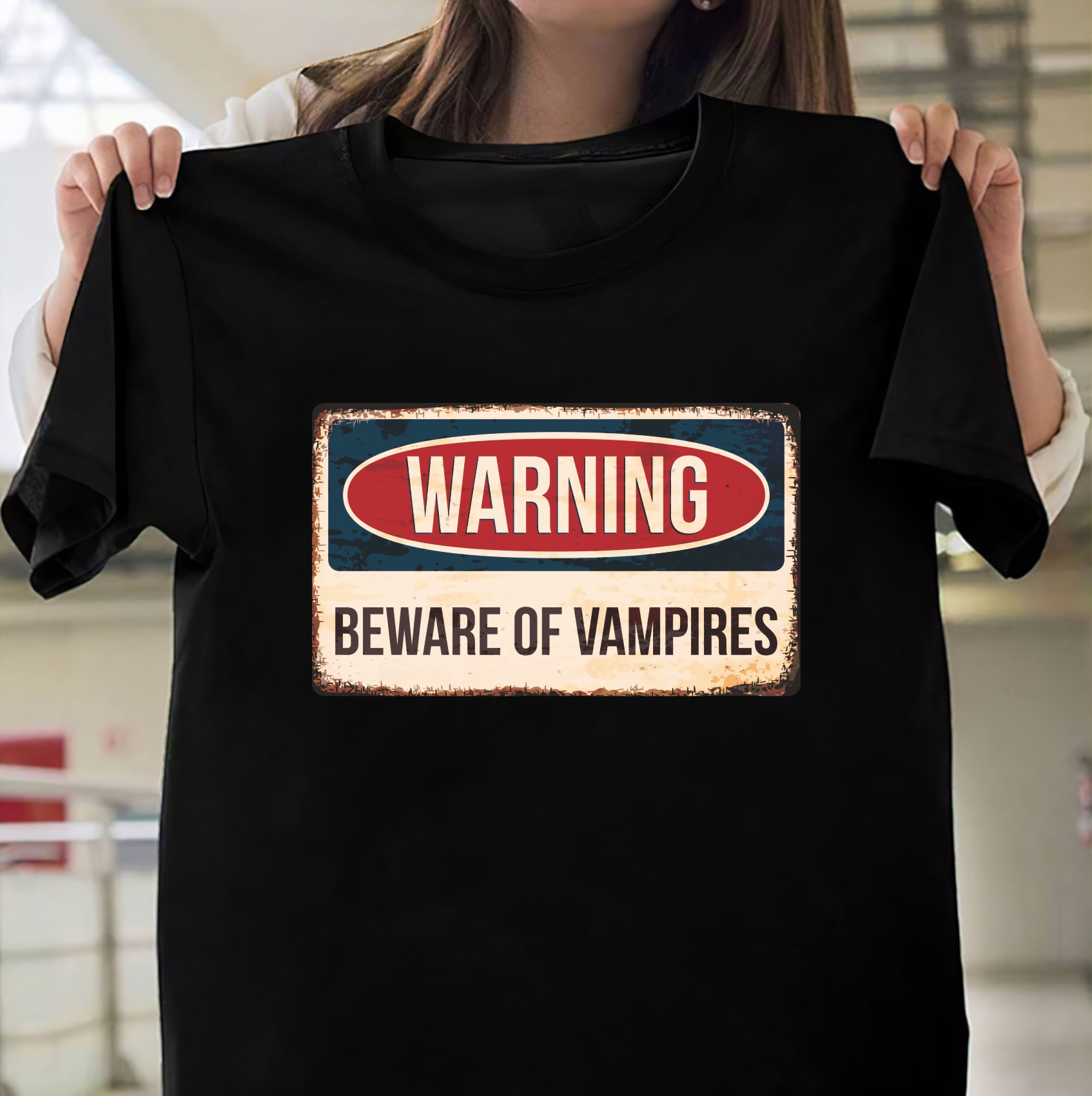 สไตล์อเมริกันตัวอักษรวินเทจผ้าฝ้ายแขนสั้น warning beware of vampires ...