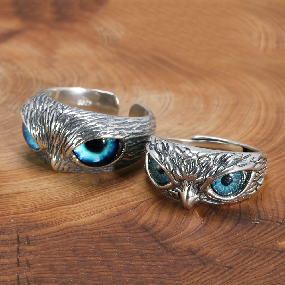 Real 925 Sterling Silver Demon Eye Owl Ring For Women Girl Lovers Retro Animal Open Adjustable Ring Statement Ring Jewelry Gift