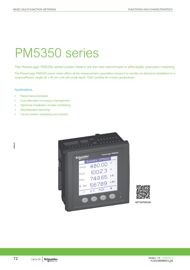 METSEPM5350 - power and energy meter PowerLogic PM5350 with THD, alarming