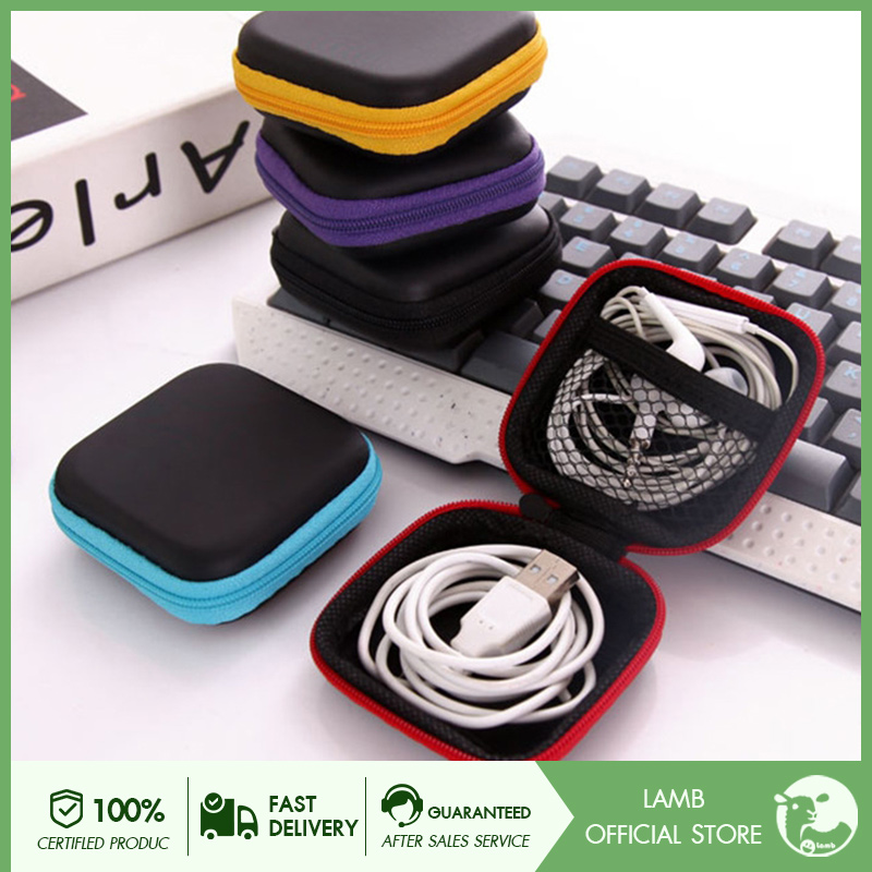 Lamb Mini Carrying Zipper Protective Headphone Pouch Headset Box Headset Data Cable Storage Bag Headset Earbuds USB Cable Organizer Black