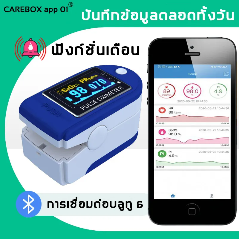 อัพเกรดใหม่ CAREBOX app 01เครื่องวัดออกซิเจนในเลือด ด้วยฟังก์ชั่นเตือน วัดออกซิเจน วัดชีพจร เครื่องวัดออกซิเจนปลายนิ้ว วัดอัตราการเต้นหัวใจ Fingertip Pulse Oximeter เครื่องวัดออกซิเจนที่ปลายนิ้ว เครื่องวัด oxygen