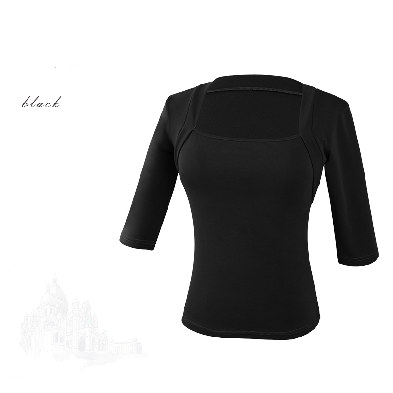 Woman Retro French Cropped Square Collar Elegant Tops Fake Two Piece Clothes Adults Middle Sleeve Dance Tops Ballet Blouses