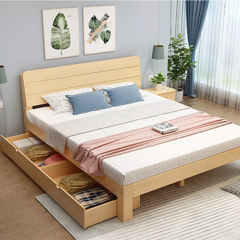 SOTIAY โมเดิร์นที่เรียบง่ายเตียงไม้เนื้อแข็ง 1.8 เมตรเตียงคู่ห้องนอนใหญ่ เตียงไม้สนพร้อมลิ้นชักSTYZLSMC01