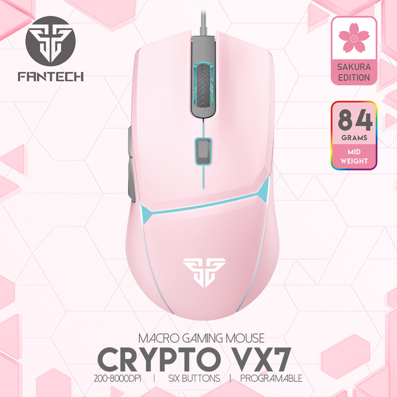 Fantech Vx7 Crypto Macro Key Gaming Mouse รุ่น Vx7 เมาส์เกมมิ่ง แฟนเทค ความแม่นยำปรับ Dpi 200-8000 ปรับ มาโคร ได้ถึง 6 ปุ่ม เหมาะกับเกมส์ Mmorp. 