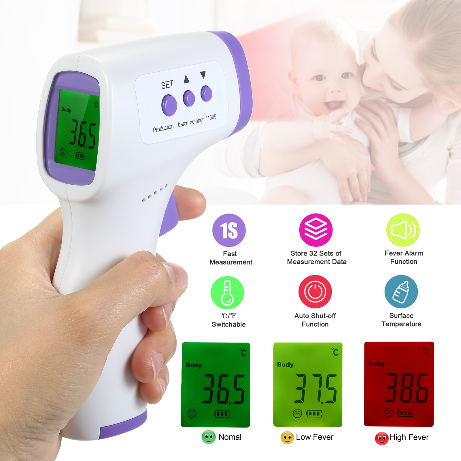 Non-Contact เครื่องวัดอุณหภูมิอินฟาเรดมือถือดิจิตอลการวัดอุณหภูมิจอแสดงผล LCD 3สี Backlight °C/°F Switchable สำหรับทารก/ผู้ใหญ่