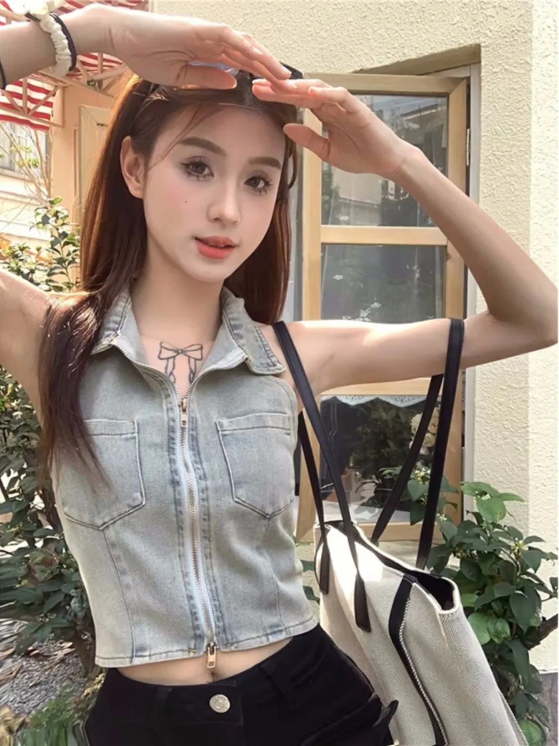 Sleeveless Denim Tank Top Women's Short Top