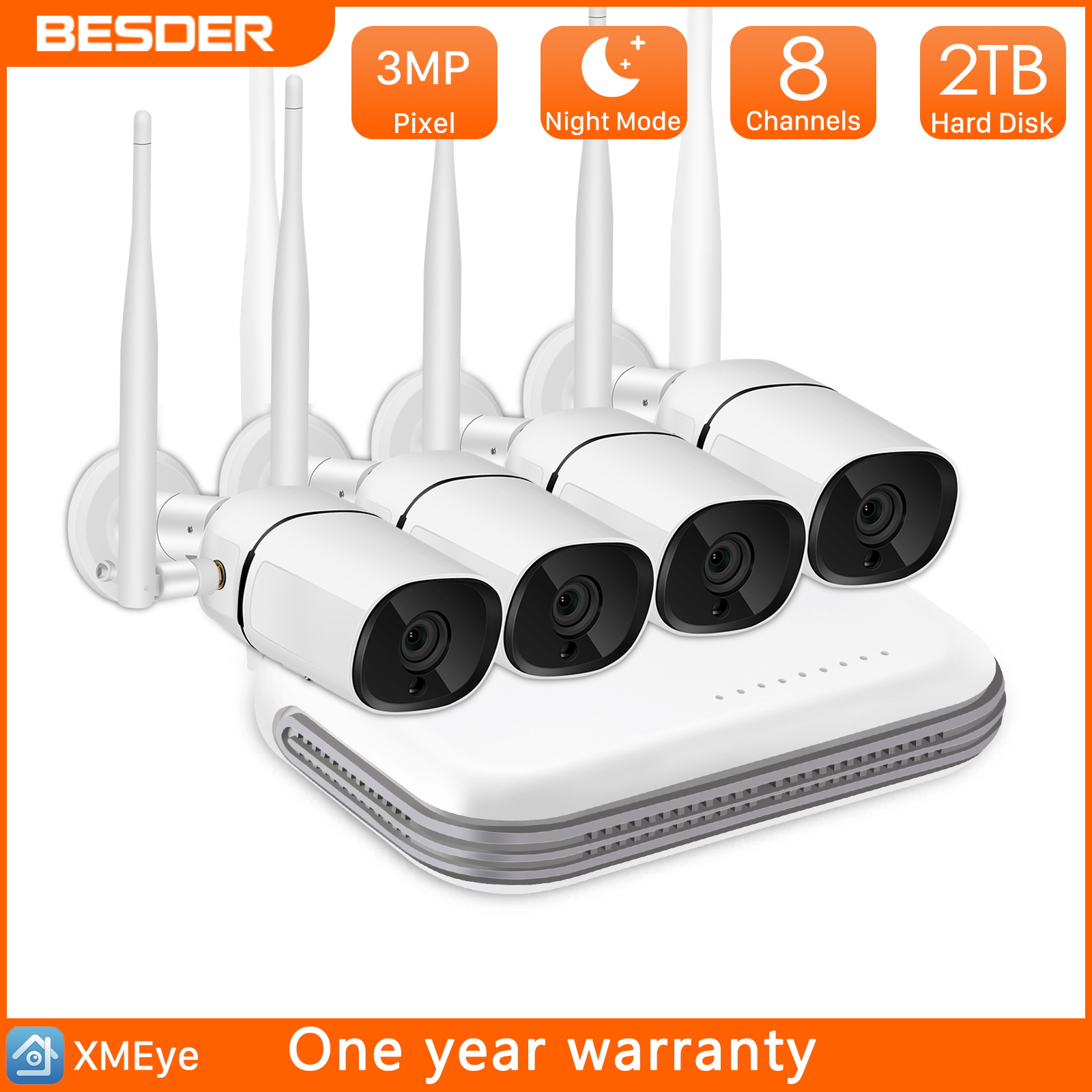 BESDER 3MP CCTV Camera System Wireless FHD 4CH NVR Wifi Camera Kit