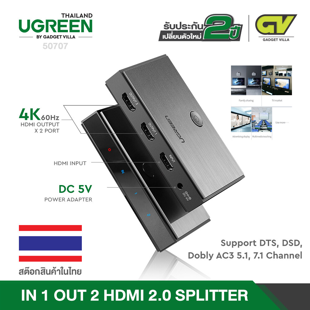 UGREEN ตัวแปลง สัญญาณ IN 1 OUT 2 HDMI 2.0 SPLITTER DC 5V Power Adapter รุ่น 50707 Support DTS, DSD, Dobly AC3 5.1, 7.1 Channel