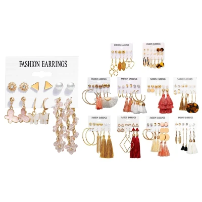 6 Pairs Crystal Butterfly Dangle Earrings Set with 63 Pairs Colorful Earrings and Tassel for Women Jewelry Fashion