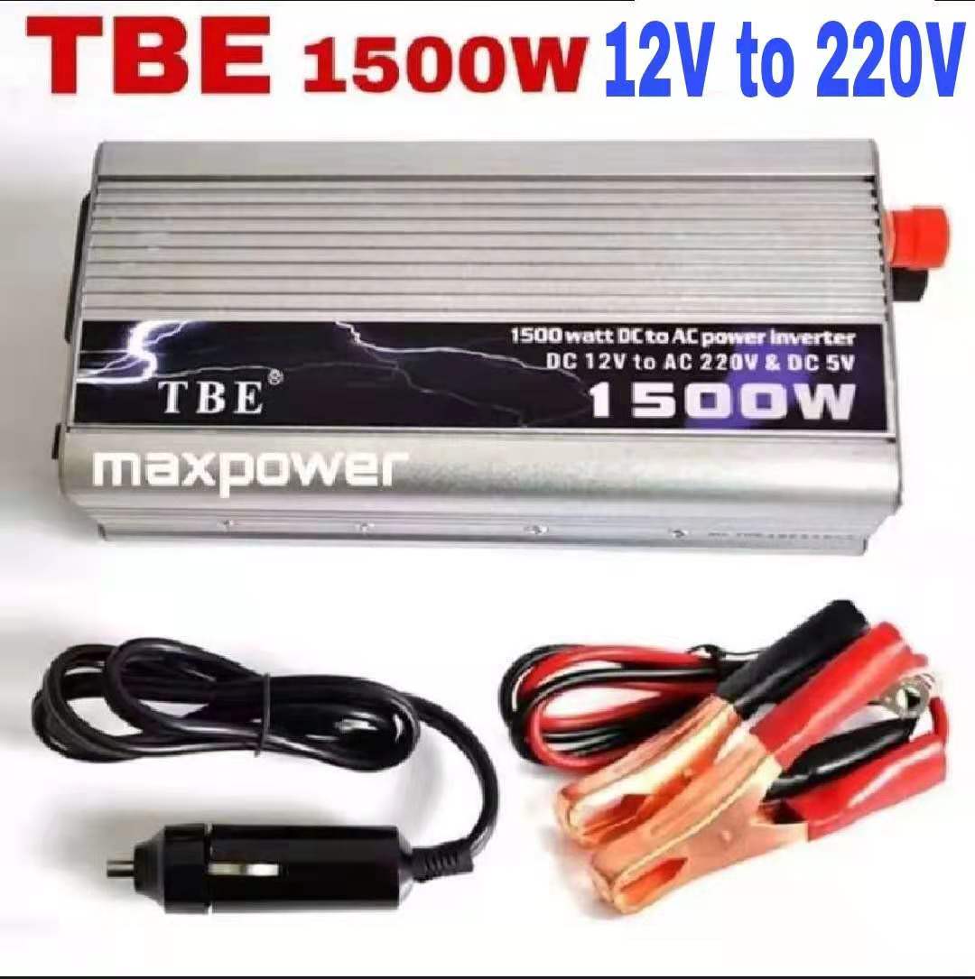 TBE Inverter 1500w เครื่องแปลงไฟรถเป็นไฟบ้าน หม้แปลงไฟ DC 12V ออก AC 220V ตัวแปลงกระแสไฟ Max 1500w พร้อมสายไฟ 2 แบบครบชุด  พร้อมใช้งาน รุ่นTBE 1500W