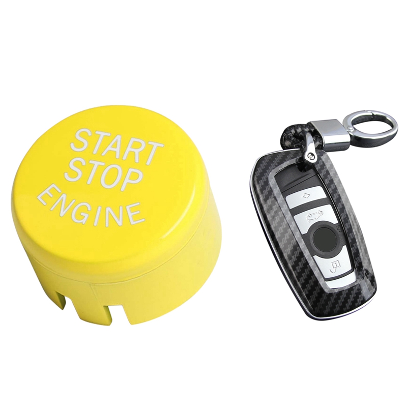 1 Set Car Smart Key Case Fob & 1 Pcs Engine Ignition Start Stop Switch Push Button Decal Cover