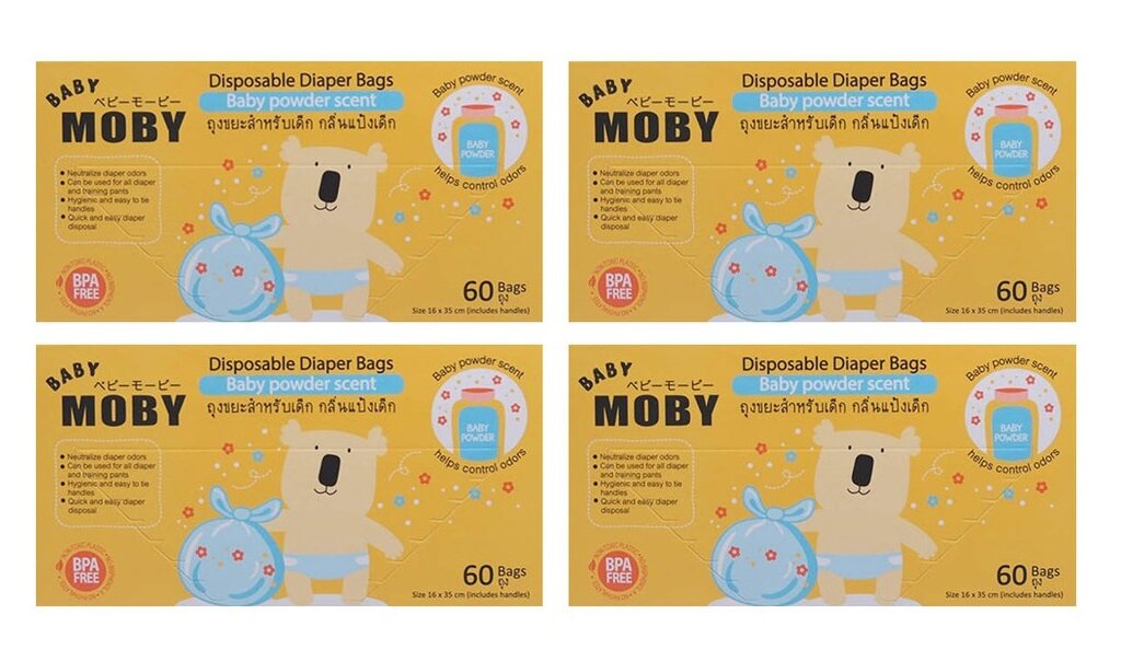 Baby Moby ถุงขยะสำหรับเด็ก กลิ่นแป้ง ช่วยลดกลิ่นไม่พึงประสงค์ ถูกสุขอนามัย ใช้แล้วทิ้ง(Disposable Diaper Bags) (60 ถุงต่อกล่อง)