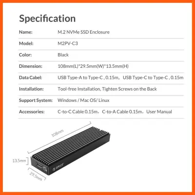 #ลดราคา ORICO (M2PV-C3) M.2 NVMe SSD Enclosure 10Gbps Type-C Efficient Heat Dissipation