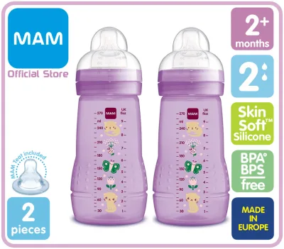 MAM ขวดนม BPA free Bottle 9.5 ออนซ์ (270ml) จุกเบอร์ 2 (แพ็ค 2 ขวด) (มี 3 สี)