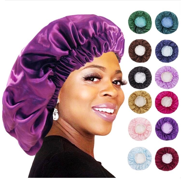 Solid Color Reversible Silky Satin Double Layer Sleep Night Cap