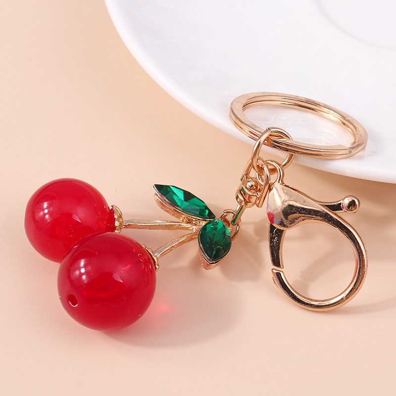 Fashion Crystal Cherry Keychain Creative Fruit Key Chain Cute Girl Key Ring  Chains Car Bag Pendant Charm for Women Jewelry Gift