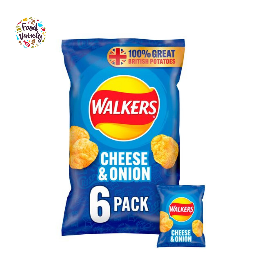 Walkers Cheese & Onion Crisps 6X25g วอล์คเกอร์ส มันฝรั่งทอดกรอบรสชีสและหัวหอม 6x25กรัม