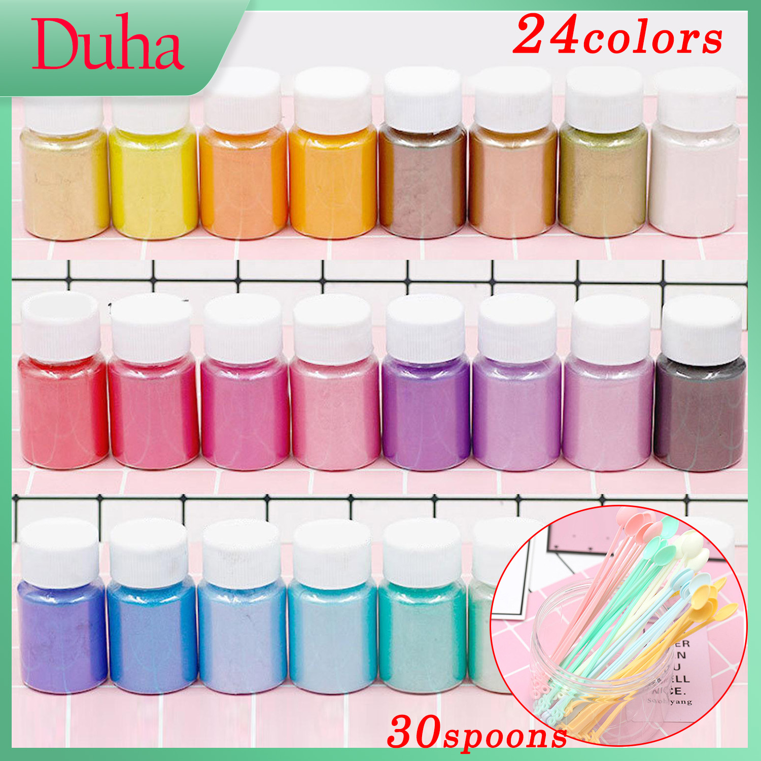 【Duha】24สีสี Pigments มุกมิก้าแป้ง30Pcs Mini ช้อนคนสำหรับ DIY งานศิลปะตกแต่งเล็บโครงการ Slime Bath สบู่อุปกรณ์