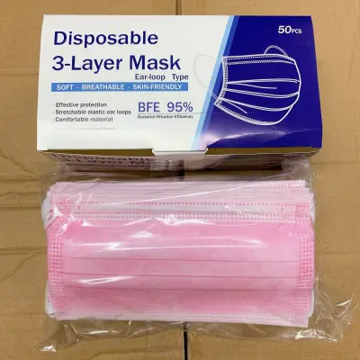 พร้อมส่ง สีชมพู ปิดหน้า หนา 3ชั้น กล่องละ50ชิ้น จมูก ผู้ใหญ่ ราคาถูกที่สุด Pink Mask 50pcs/pack