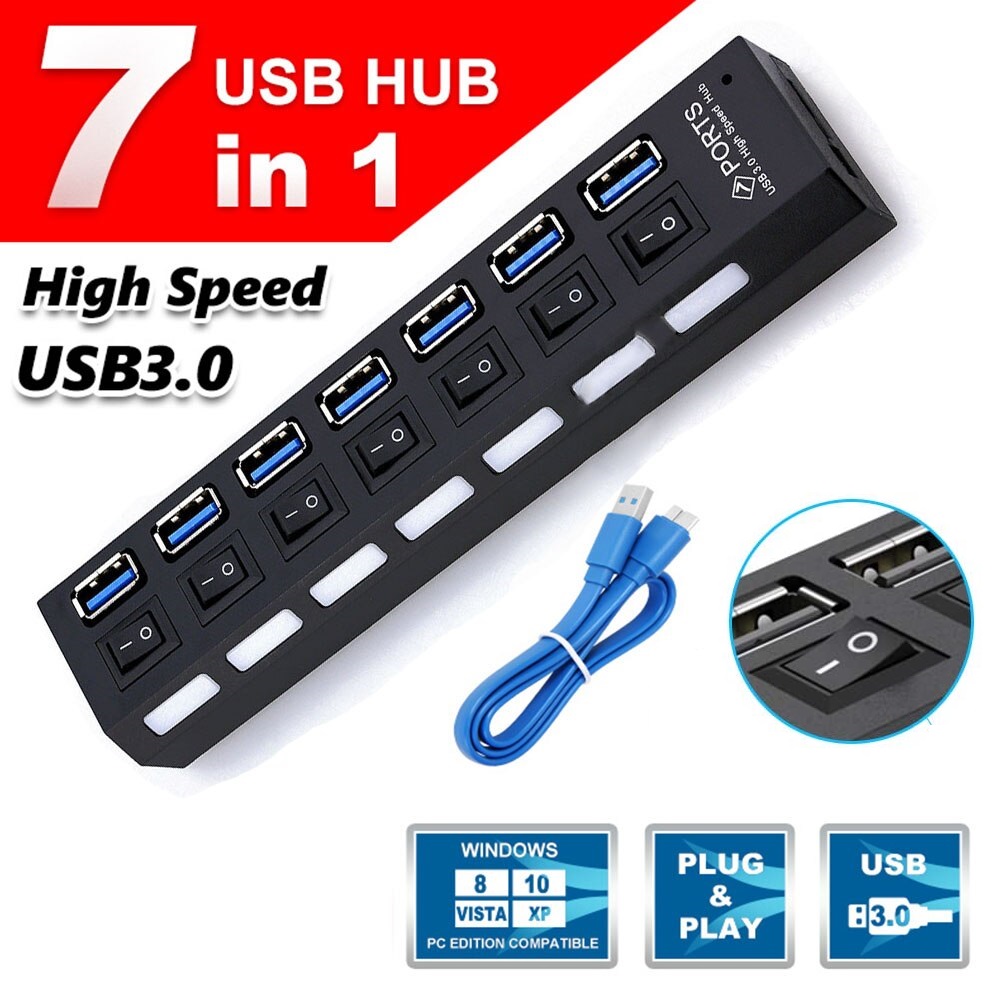 USB 3.0 HUB High Speed 5 Gbps 7 Port with Power On/Off Switch Adapter Cable for PC Desktop Notebook EU Plug (Black)