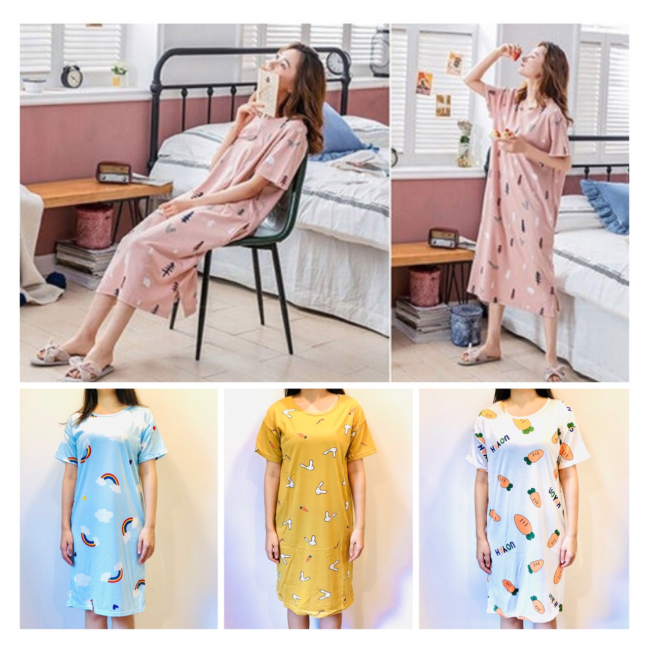 ชุดนอน คอกลม ชุดนอนผู้หญิง ชุดนอนสตรี แขนสั้น เนื้อผ้านิ่ม ใส่สบาย ไม่ ...