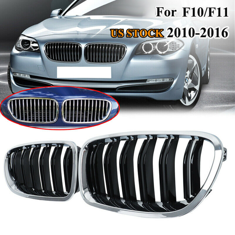 Car Chrome+Glossy Black Dual Slats Front Kidney Grille Grill For-BMW F10/ F11 M5 535I 550I 528I 4-Door 2010-2017