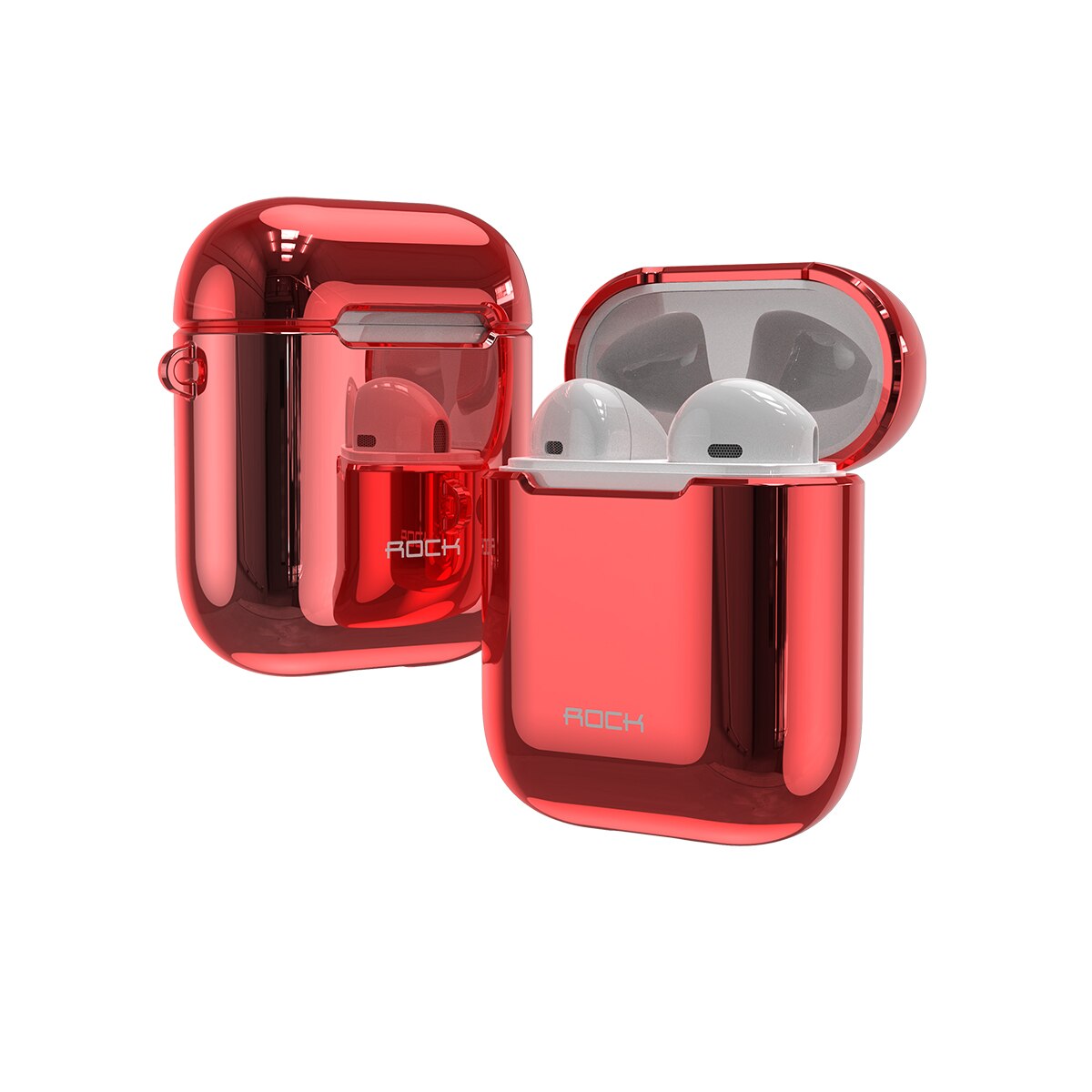 ROCK Electroplate TPU Shining Plating Case เคสแอร์พอด สีโครเมี่ยม มาพร้อมตัวหนีบล็อคหูกางเกง For AirPods 2 1 Luxury Earbuds Protect Case with Keychain Hook Up for Apple Airpods 2 สี สีแดง สี สีแดงรูปแบบรุ่นที่ีรองรับ AirPods 1&2