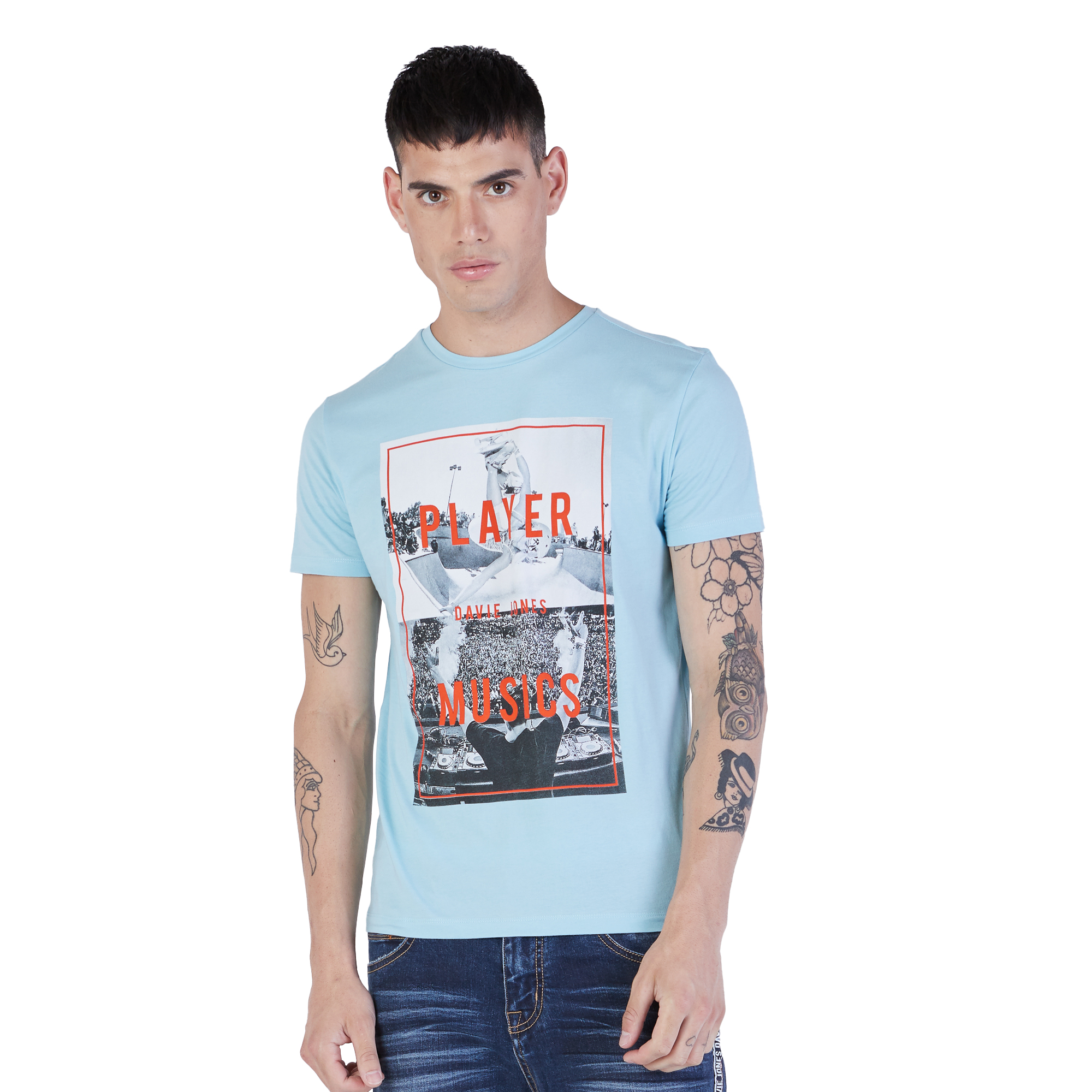 DAVIE JONES เสื้อยืดพิมพ์ลาย สีฟ้า Graphic Print T-Shirt in blue TB0136SK