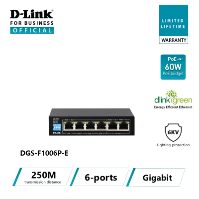 D-Link DGS-F1006P-E 250M 6-Port 10/100/1000 Switch with 4 PoE Ports and 2 Uplink Ports