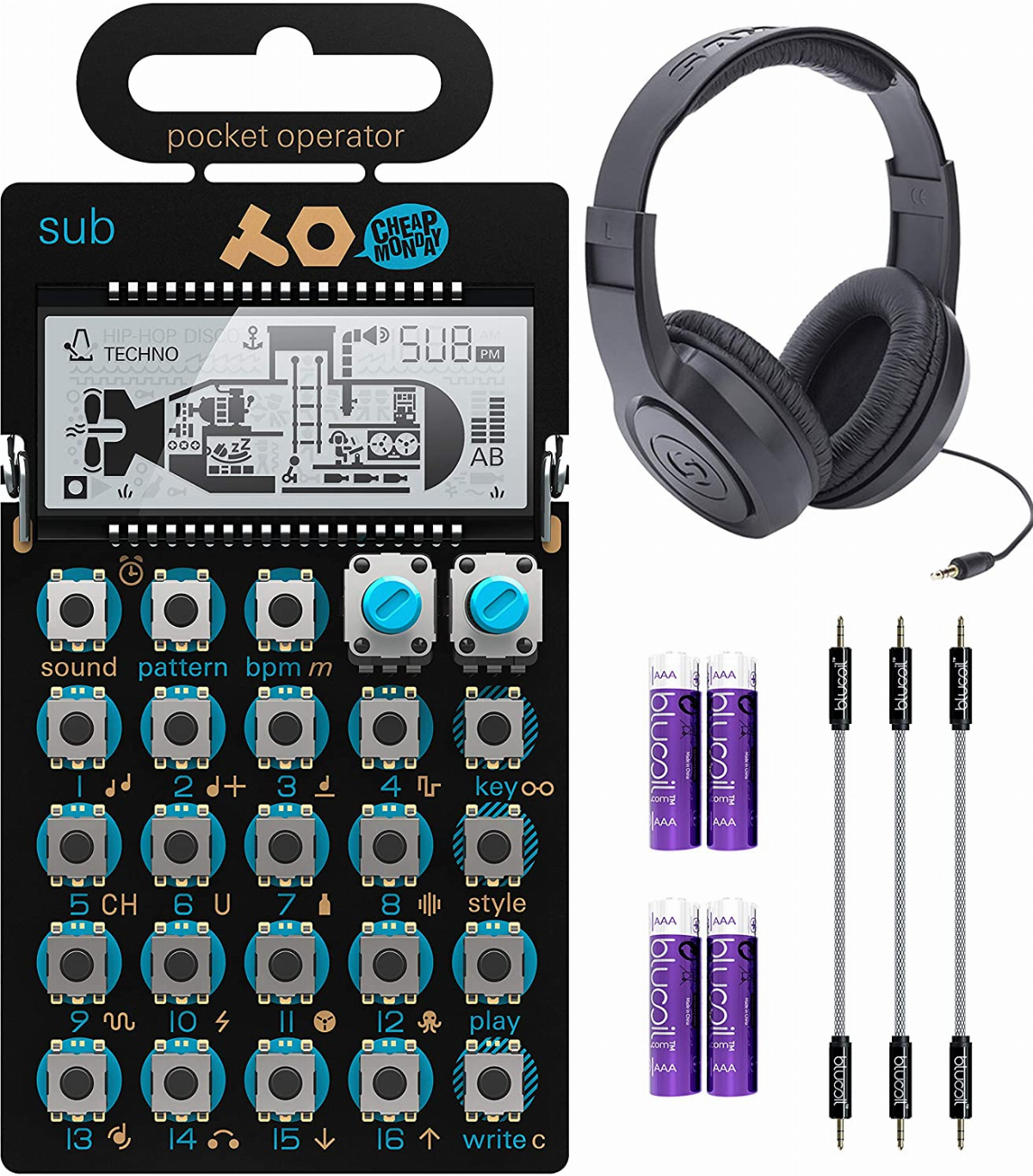 Teenage Engineering PO-14 Pocket Operator Sub Bass Synthesizer Bundle with Samson SR350 Over-Ear Closed-Back Headphones, Blucoil 3-Pack of 7