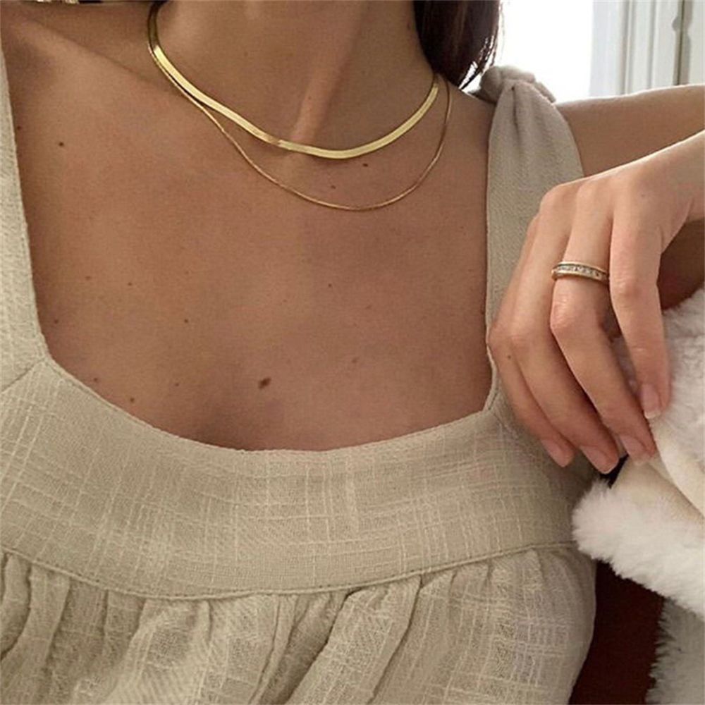 KQ0 Fashion Solid Versatile Filled Curb Link Double Layered Necklace 18K Gold Plated Clavicle Chain Snake Bone Chain