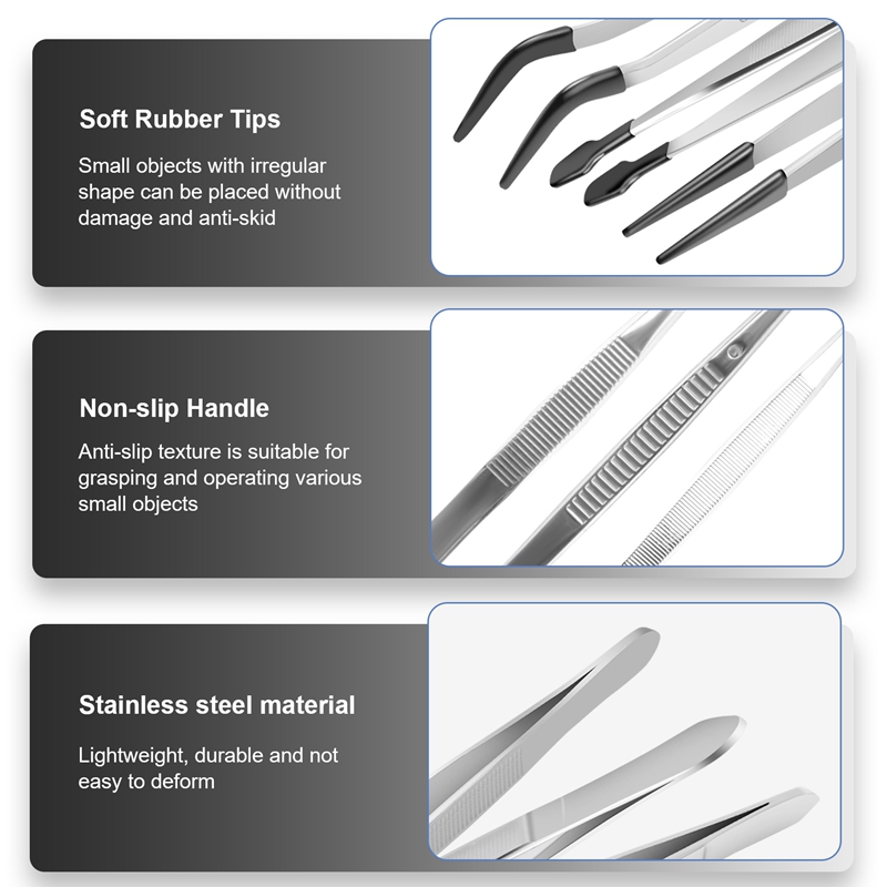 3 Pcs Rubber Tipped Tweezers, 6Inch Straight Flat Tweezers & 6Inch Bent Tip  Tweezers & 4.7Inch Pointed Tweezers