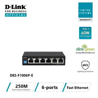 D-Link DES-F1006P-E 250M 6-Port 10/100 Switch with 4 PoE Ports and 2 Uplink Ports