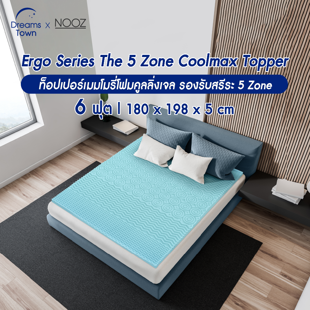 Nooz ท็อปเปอร์เมมโมรี่โฟม ที่รองนอน ผสมCool Gel ช่วยทำให้ที่นอนเย็นและนุ่มสบายมากกว่าที่เคย รุ่น Ergo Coolmax The 5 Zone  ขนาดสินค้า 6ft.