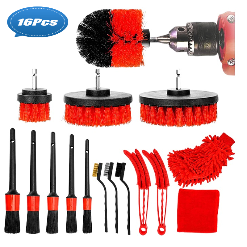 16 Pcs Car Detailing Brush Kit for Cleaning Wheels Tires Rims Drill ...