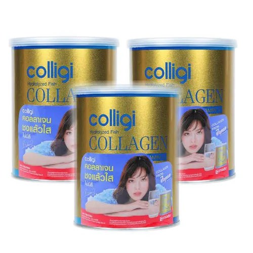 Amado Colligi Hydrolyzed Fish Collagen Tripeptide plus Vitamin C  อมาโด้ คอลลีจิ  ไฮโดรไลซ์ ฟิช คอลลาเจน ไตรเปปไทด์พลัส วิตามิน ซี จำนวน 3 กระป๋อง