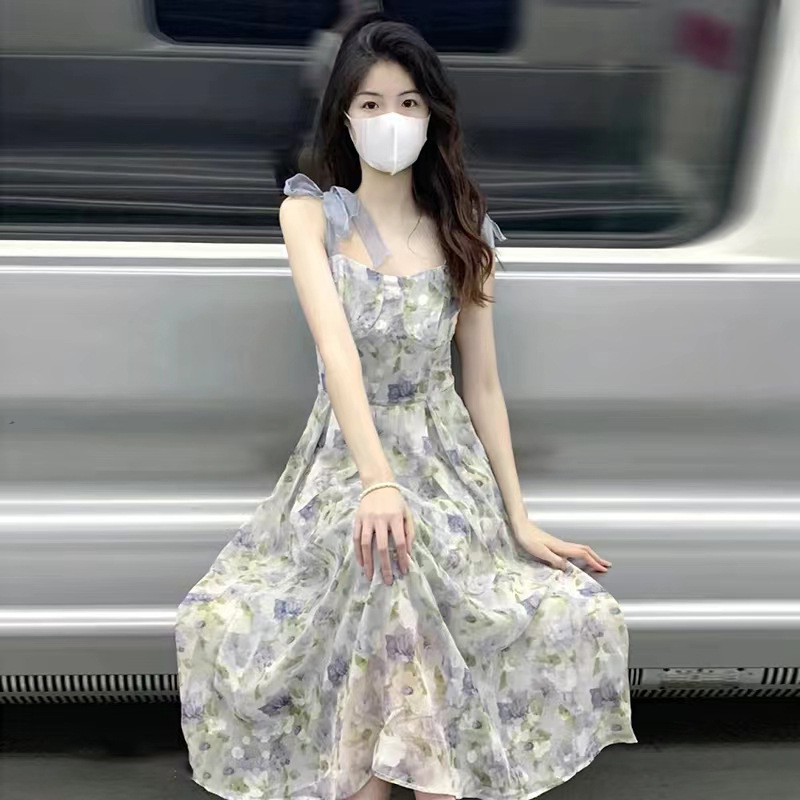 IELGY Sling Dress French Style Fairy Mori Style First Love Tight Waist Dress Floral Long Dress