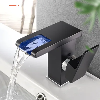 Brass LED Waterfall Bathroom Basin Faucet Cold Hot Water Mixer Crane Sink Tap Black Color Change Powered by Water Flow Faucets