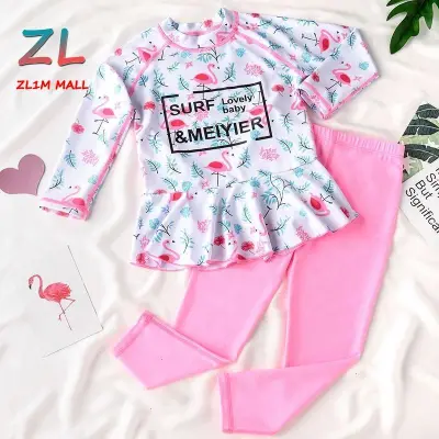 ZllmnTwo Piece Pink Girls Kids Swimwear Long Sleeve Long Pants Floral Because Wear
