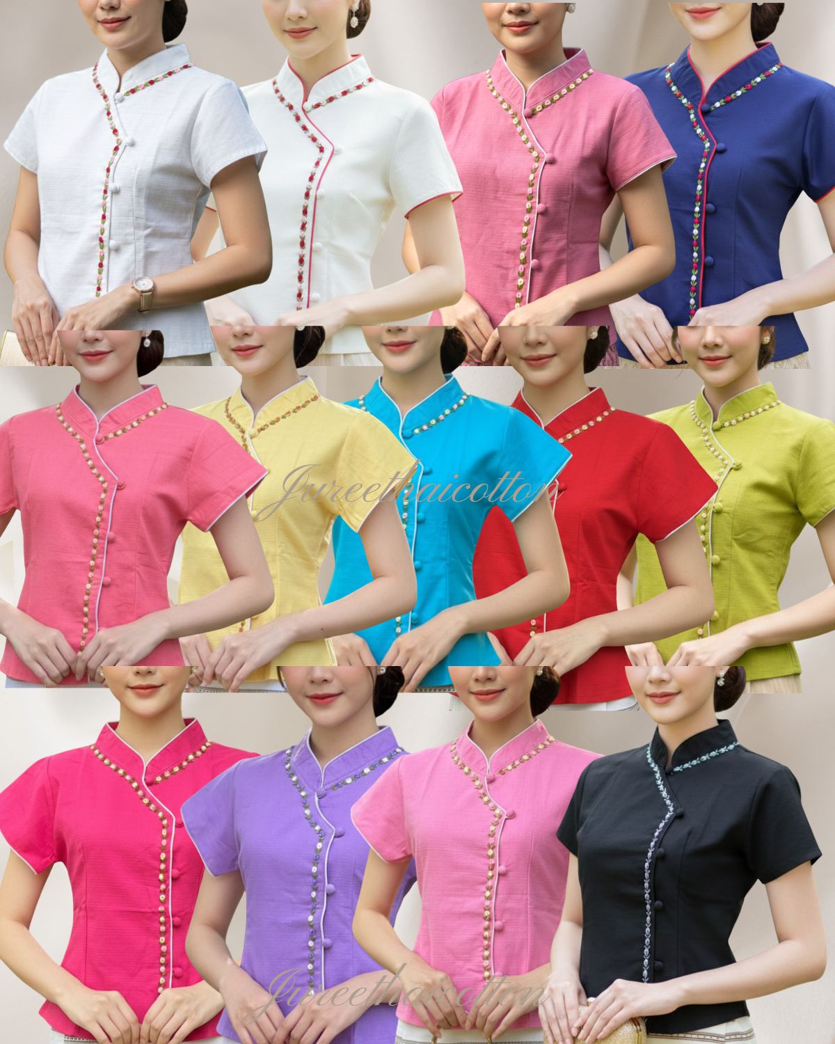Áo thổ dân cổ thêu dâu, cúc bấm (có nhiều màu)
