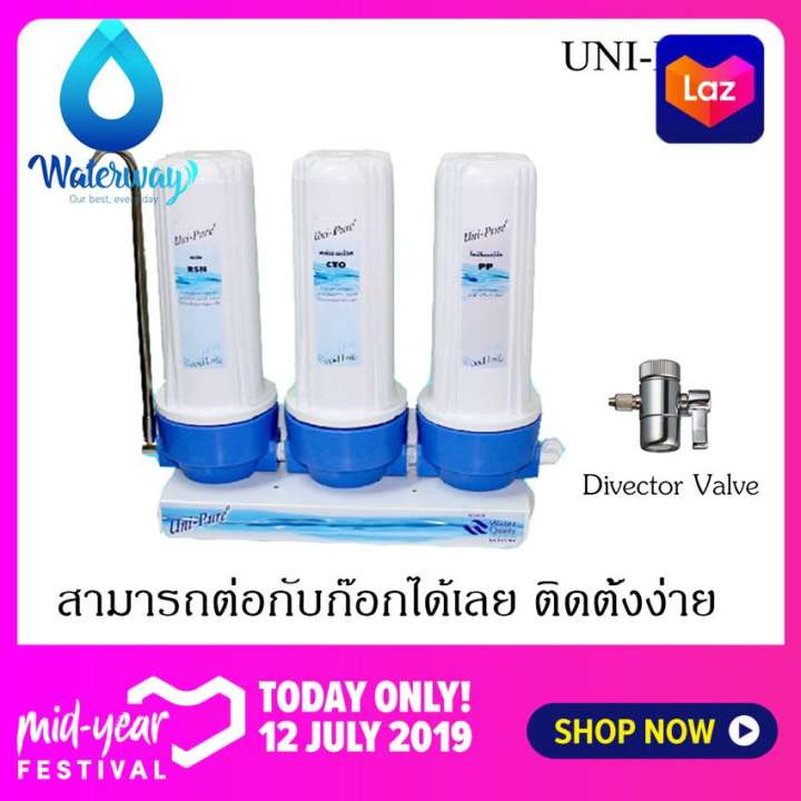 Uni-Pure Blue เครื่องกรองน้ำ 3 ขั้นตอน คุณภาพดี ไส้กรอง PP/CO/RS กรองตะกอน สารเคมี คลอรีน หินปูน (รับประกัน 1 ปี)