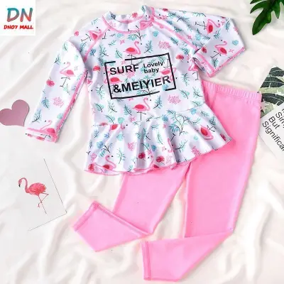 DnDnTwo Piece Pink Girls Kids Swimwear Long Sleeve Long Pants Floral Because Wear
