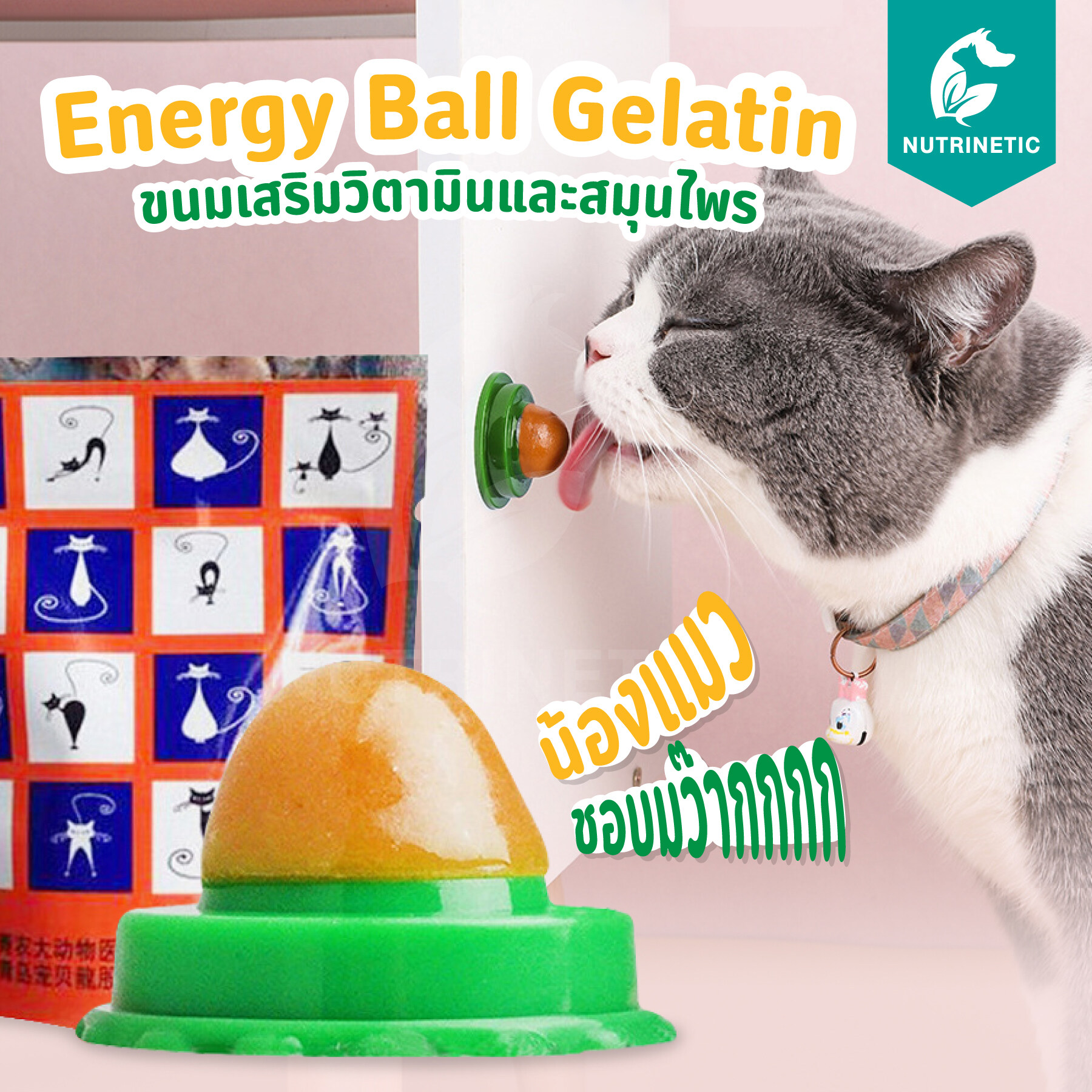 Energy Ball Gelatin ขนมเสริมวิตามินสำหรับแมว มีส่วนผสม catmint wheatgrass บำรุงสุขภาพ