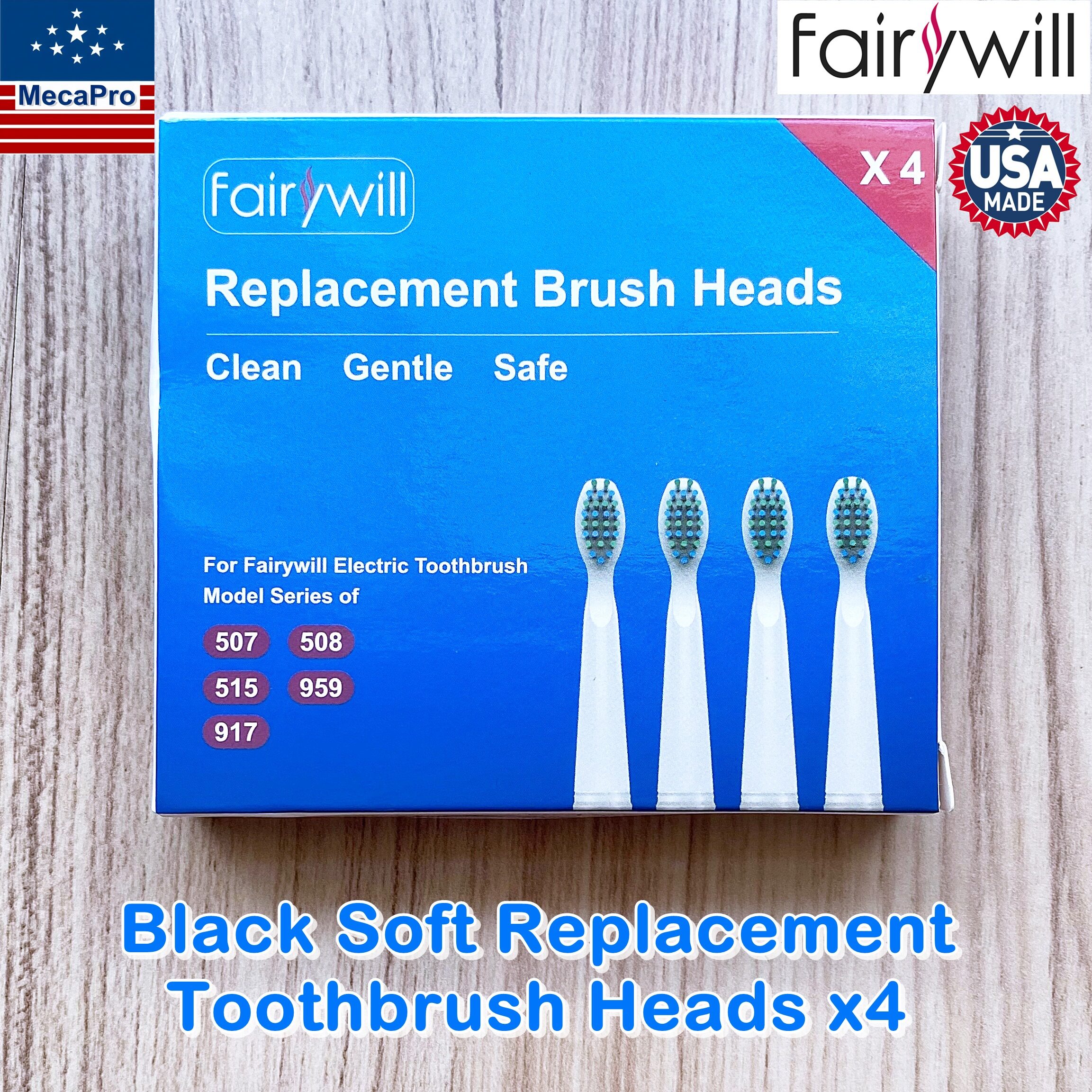 Fairywill® Black Soft Replacement Toothbrush Heads x4 หัวแปรงฟันไฟฟ้า สีดำ ขนแปรงไนลอนดูปองท์ ทำความสะอาดฟัน เหงือกอย่างทั่วถึงแม้บริเวณที่เข้าถึงยาก