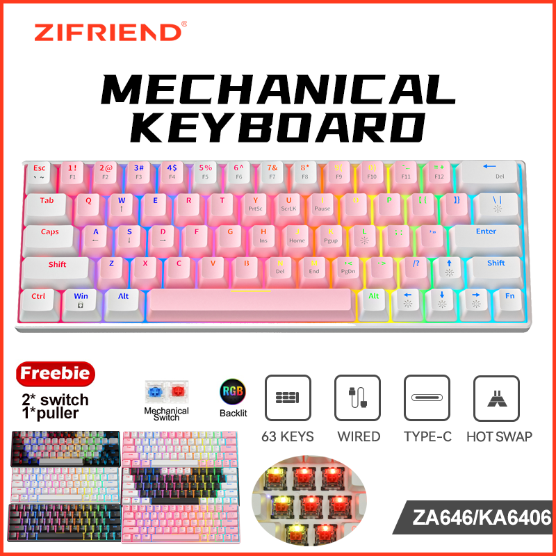 TOP★ZIFRIEND ka6406/za646 63 phím Bàn phím cơ chơi game có dây bàn phím có đèn nền màu xanh/công tắc