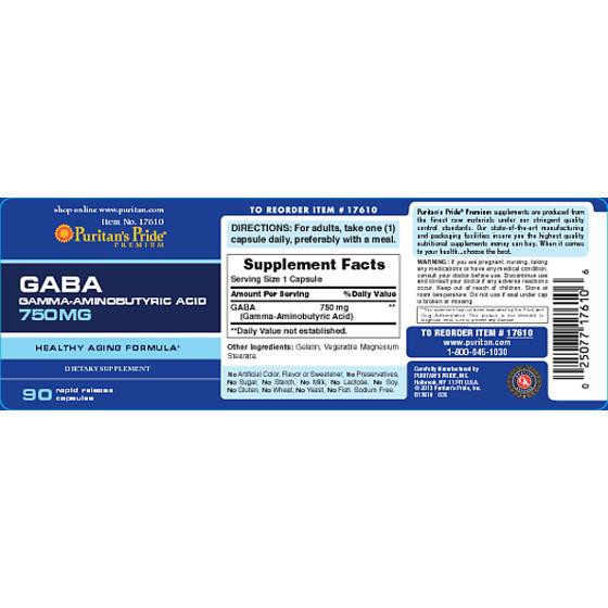 Puritan's Pride GABA 750 mg / 90 Capsulesปรับสมดุลสมอง ผ่อนคลาย ช่วยหลับง่าย